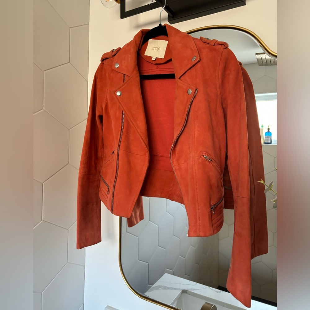 Maje Suede Orange Biker Moto Jacket